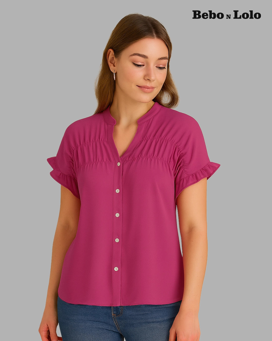 BeboNLolo Ruffle Charm Button Top in pink with short ruffle sleeves and button-down front – Front View