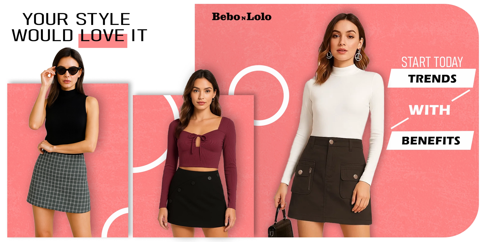 Three women modeling outfits with promotional text on a pink background