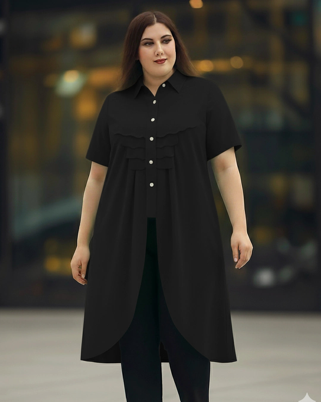Woman wearing a black dress with a blurred background