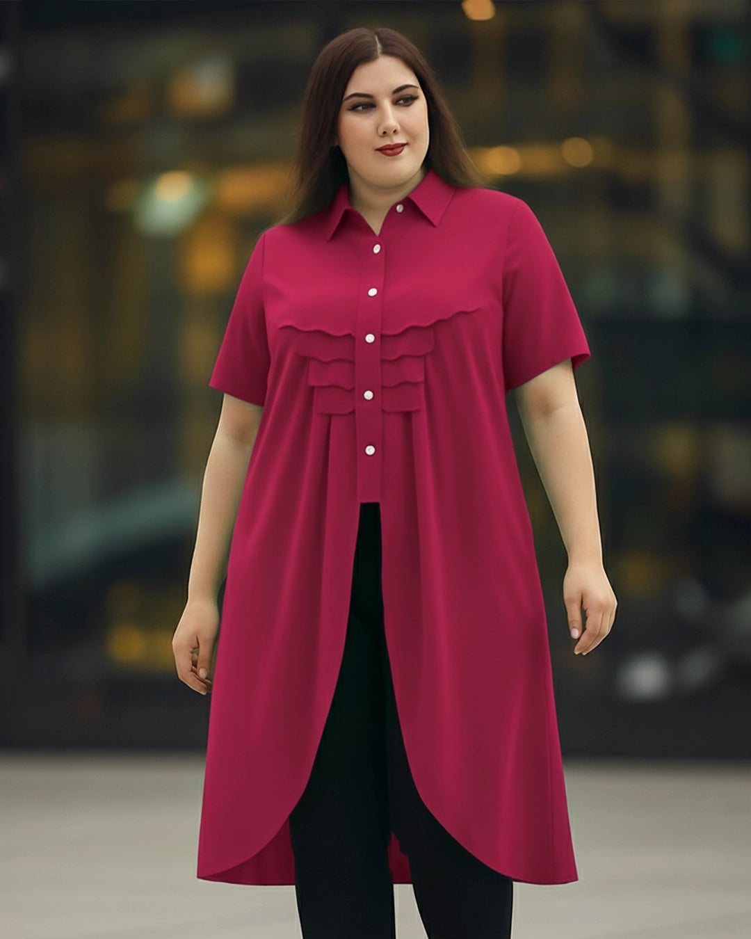 Woman wearing a red shirt with ruffled details against a blurred background