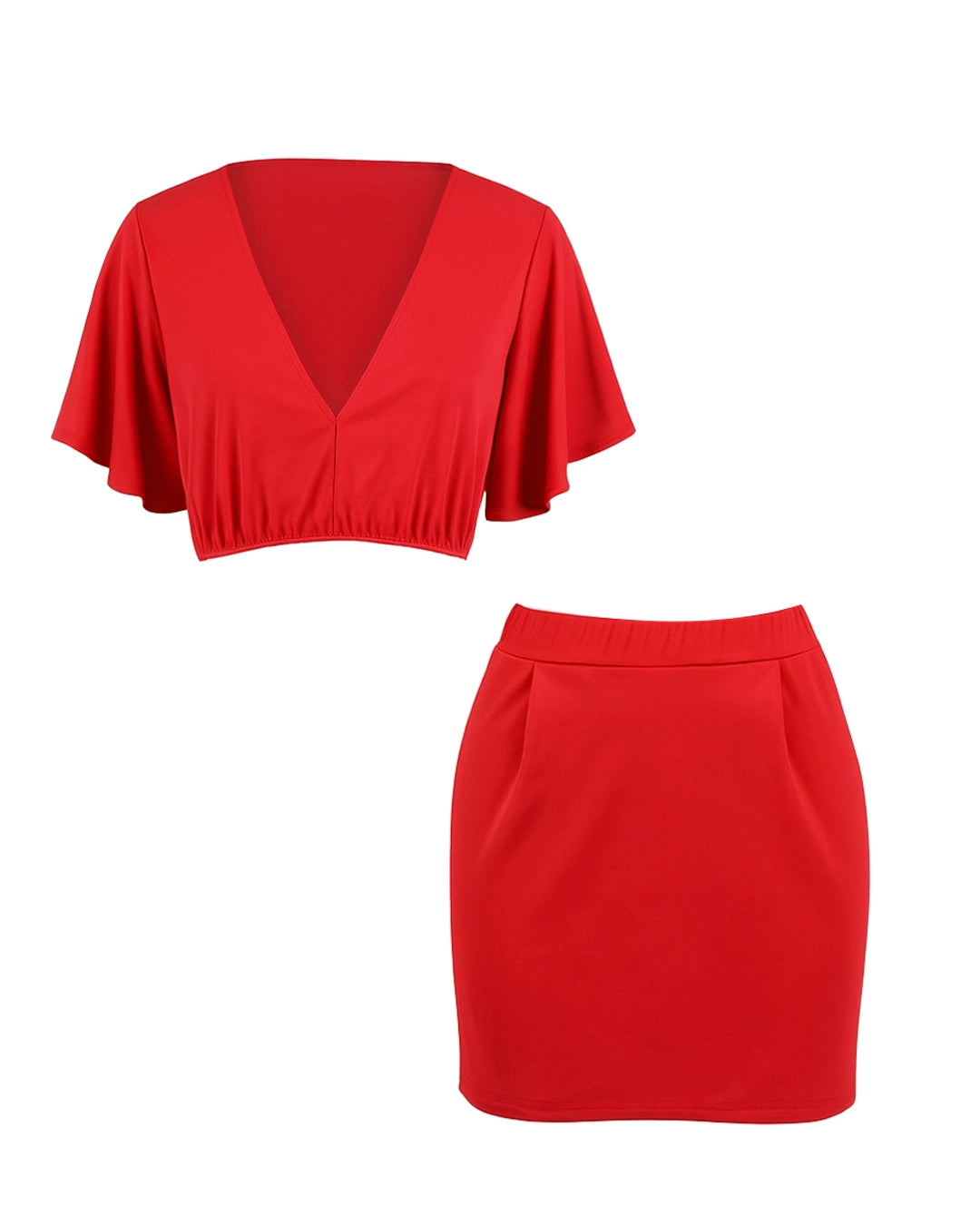 Red crop top and skirt set on a white background