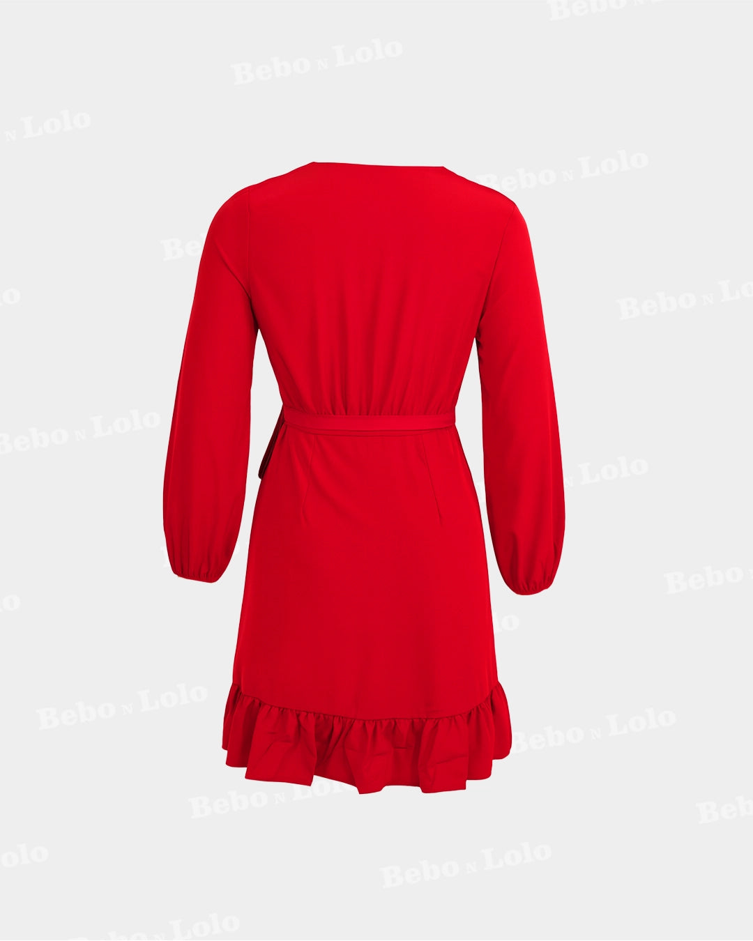 BeboNLolo red  wrap dress with ruffle hem and tie-back detail – Back View