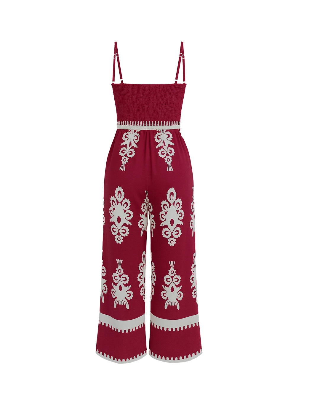 Red jumpsuit with white patterns on a white background