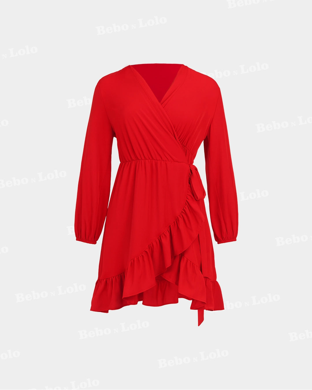 BeboNLolo red  wrap dress with V-neckline, long sleeves and ruffle hem – Front View