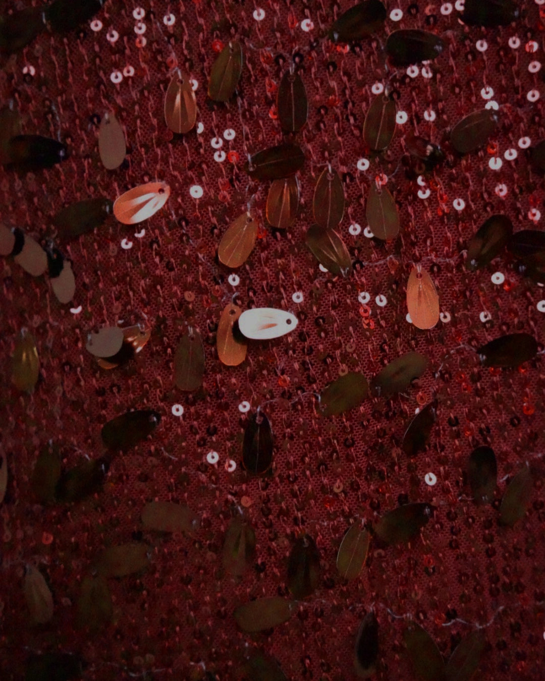BeboNLolo Radiant Sequin Embellished Dress close-up highlighting maroon sequin work – Close-Up View