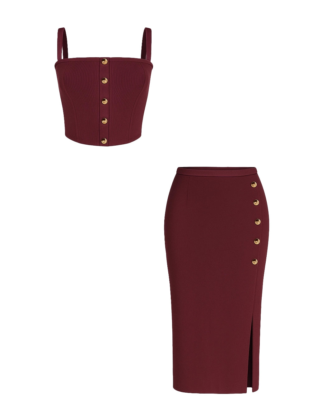 Burgundy top and pencil skirt set with gold buttons on a white background