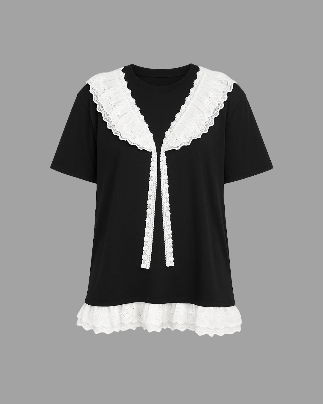 Black t-shirt with white lace details on a gray background