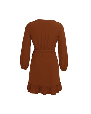 BeboNLolo rust  wrap dress with ruffle hem and tie-back detail – Back View