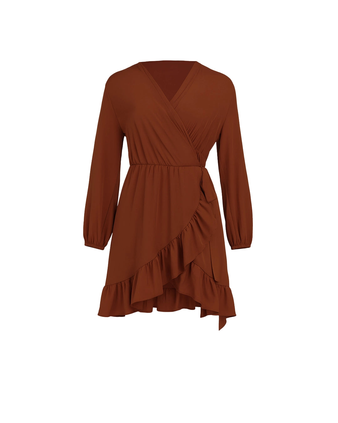 BeboNLolo rust  wrap dress with V-neckline, long sleeves and ruffle hem – Front View