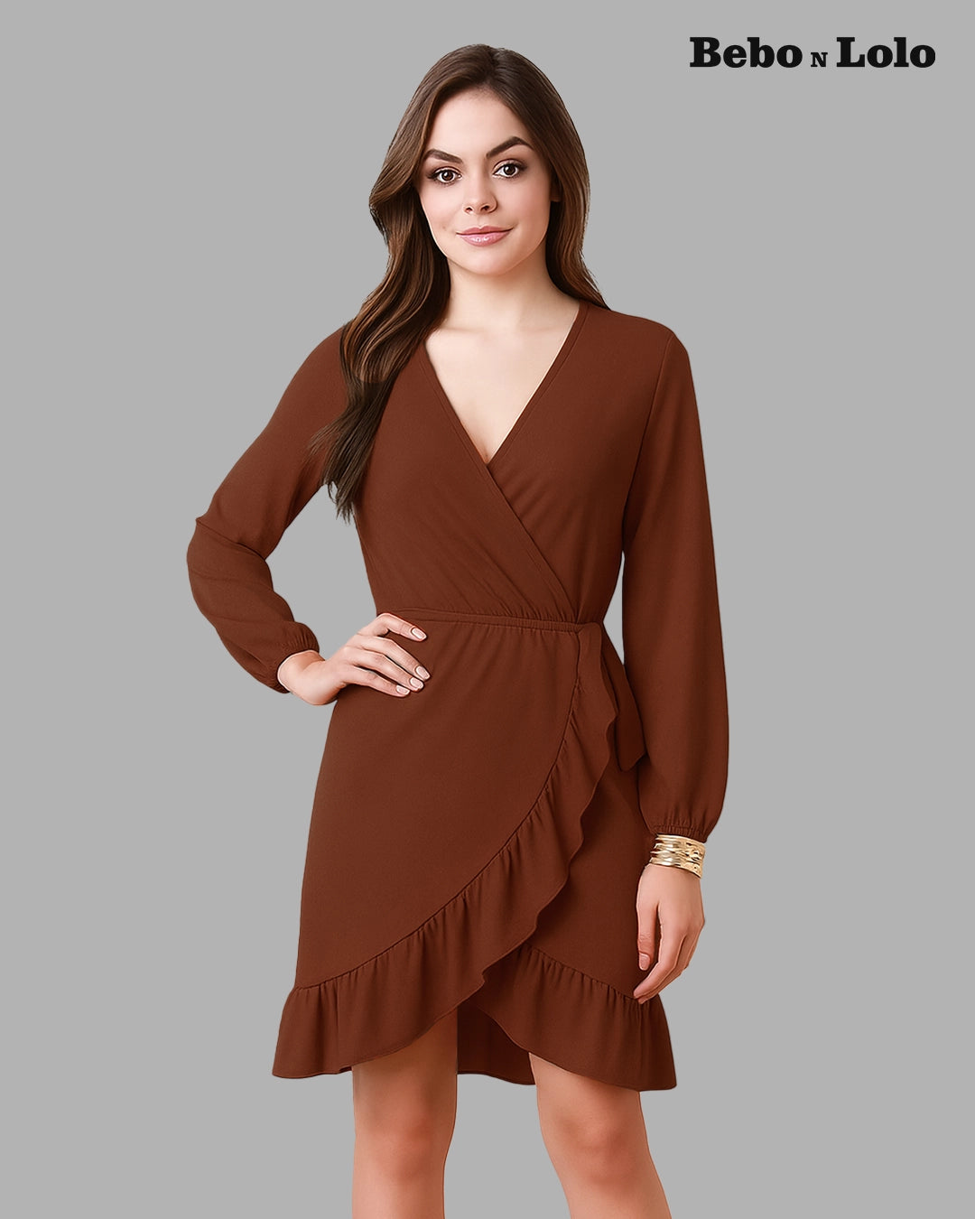 BeboNLolo rust  wrap dress with V-neckline, long sleeves and ruffle hem – Front View