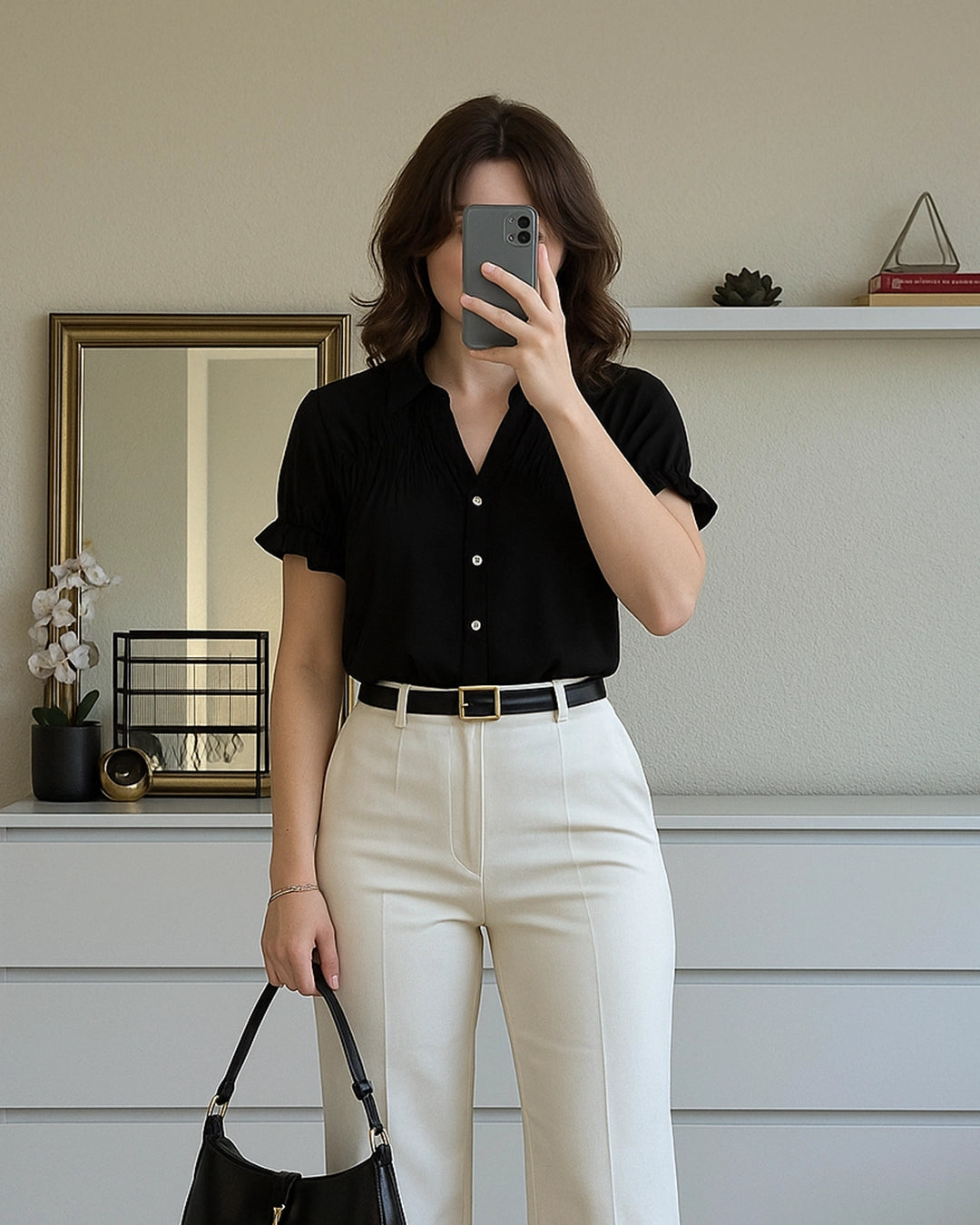 Woman taking a mirror selfie wearing a black shirt and white pants in a room.