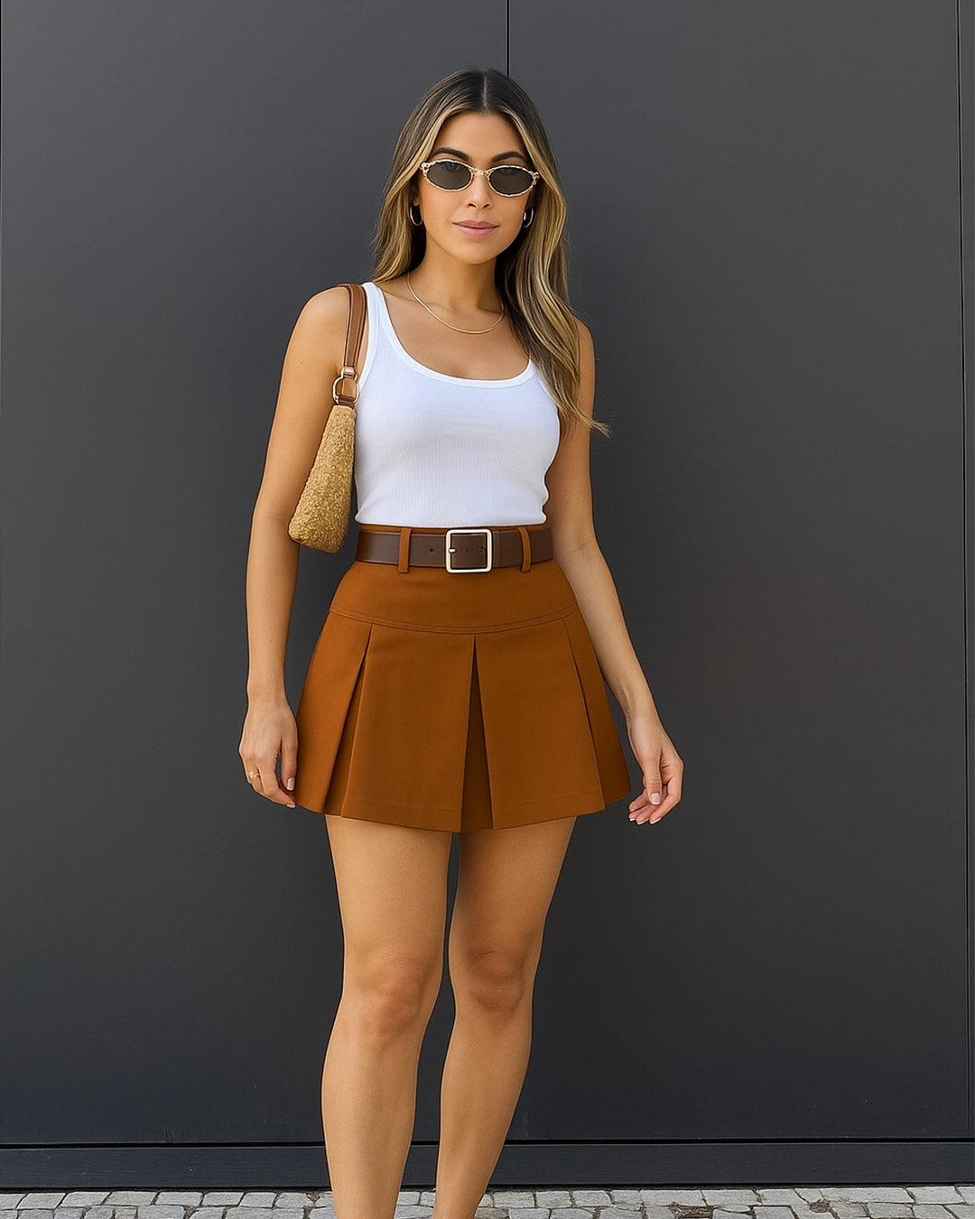 Woman wearing a white tank top and brown pleated skirt against a dark background