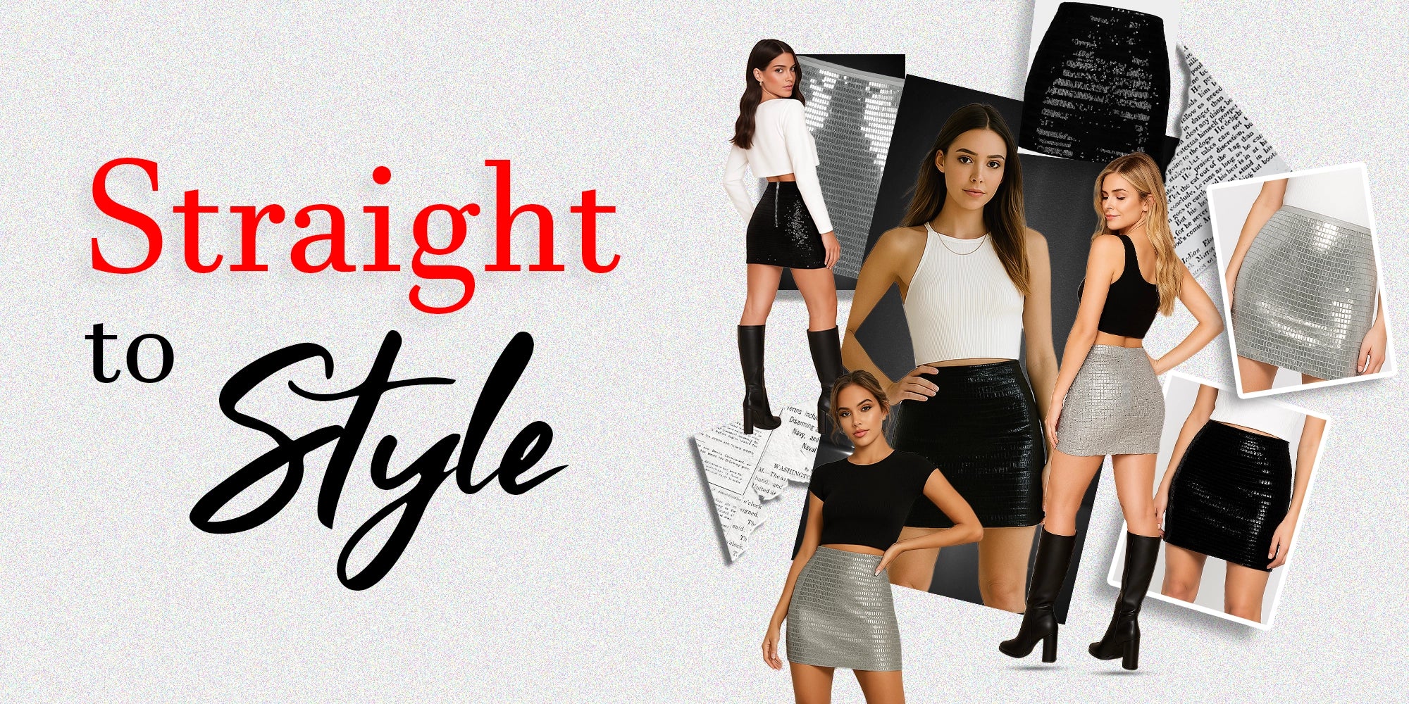BeboNLolo fashion banner – Straight to Style collection featuring black and silver shiny mini skirts