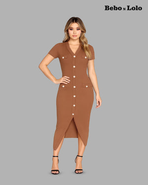 BeboNLolo rust  button-down midi dress with pearl buttons, V-neckline and front slit – Front View