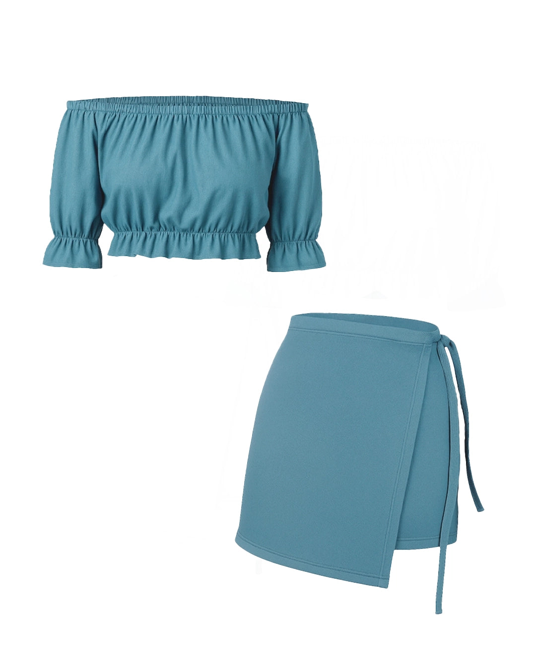 Teal off-shoulder top and skirt set on a white background