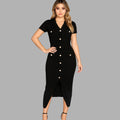 BeboNLolo black button-down midi dress with pearl buttons, V-neckline and front slit – Front View