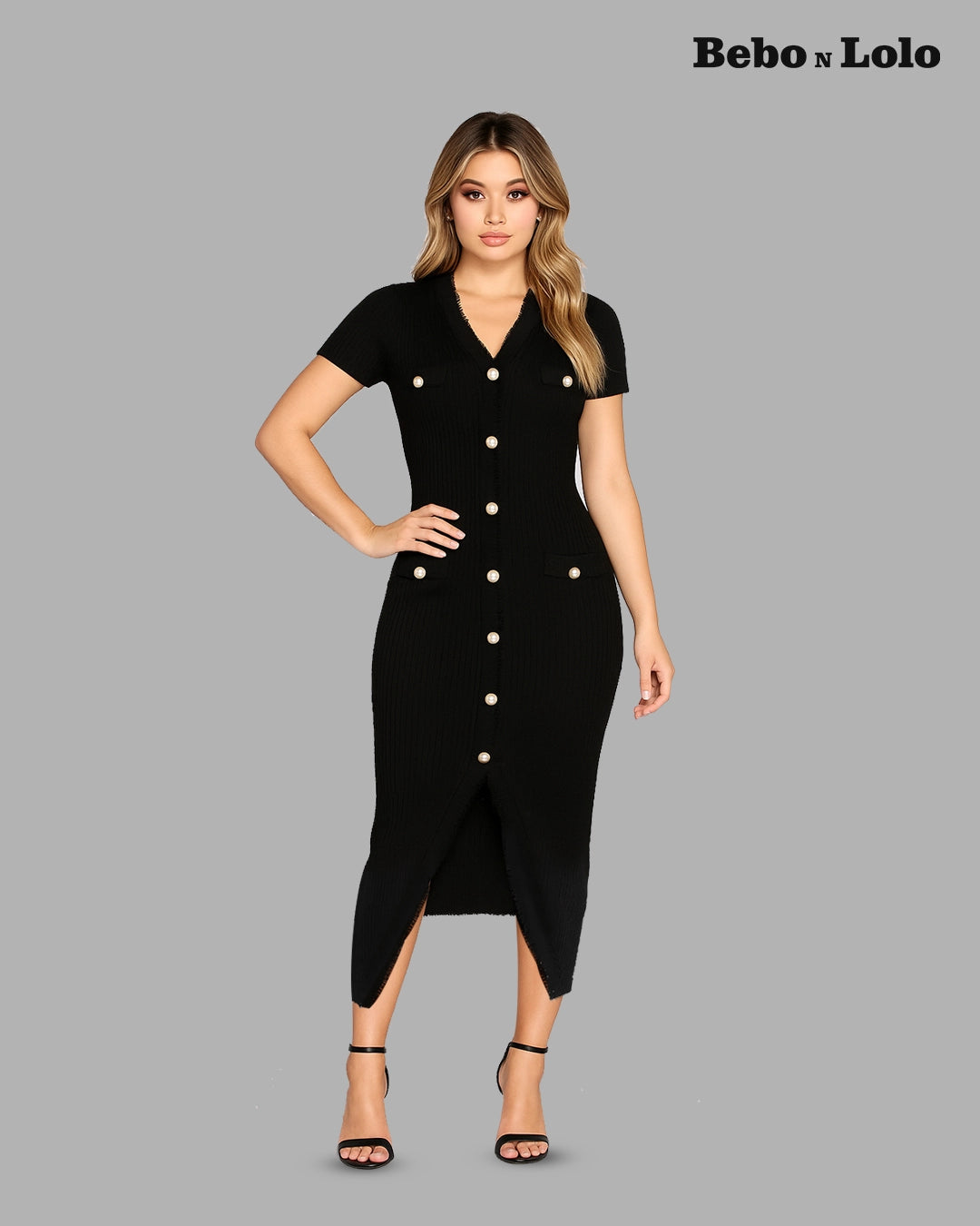 BeboNLolo black button-down midi dress with pearl buttons, V-neckline and front slit – Front View