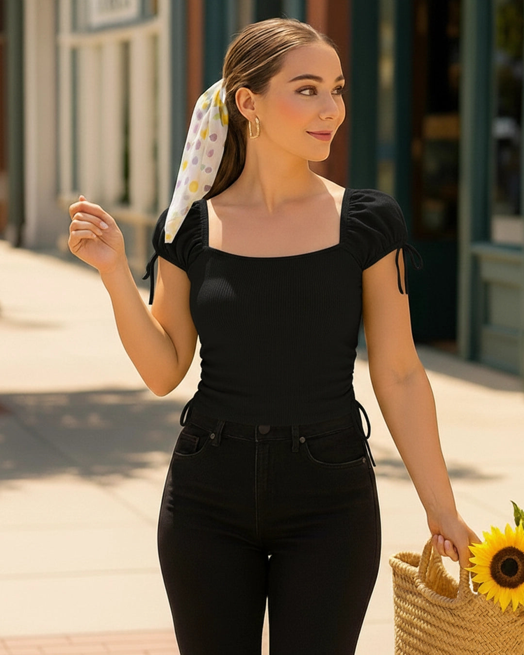 Woman in black outfit with a colorful headscarf and sunflower, standing outdoors.