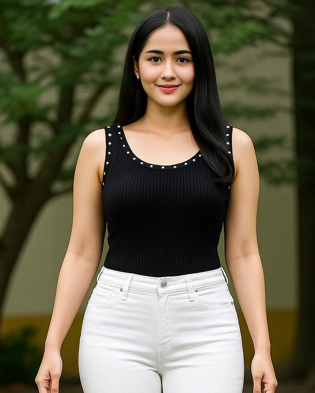 Woman wearing a black sleeveless top with white pants outdoors