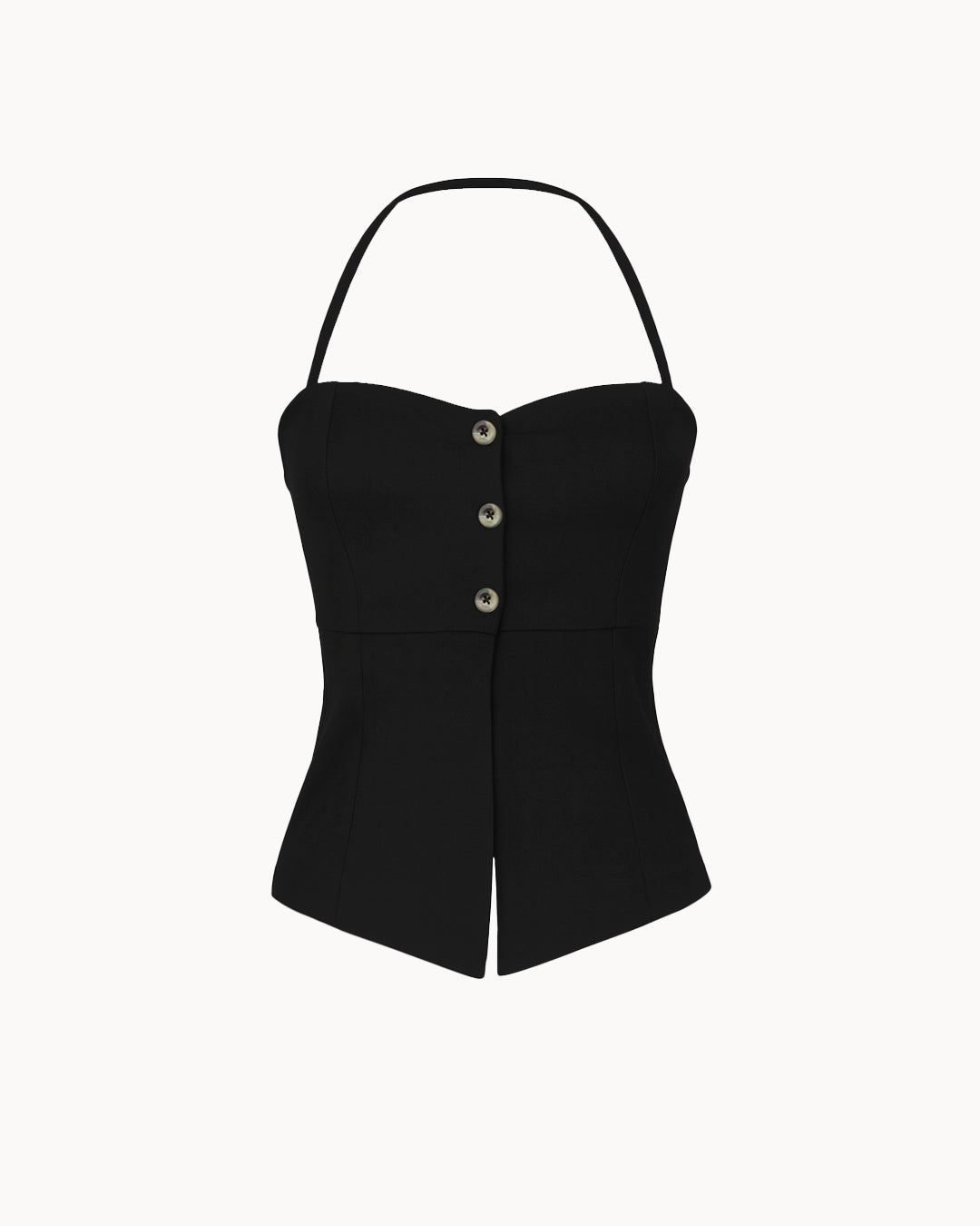 Black strapless top with button details on a white background