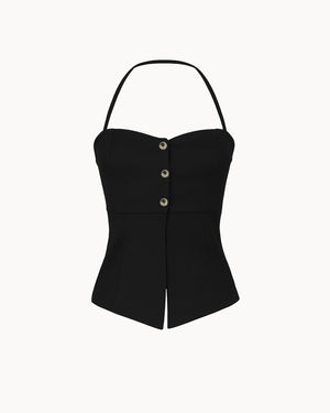 Black strapless top with button details on a white background