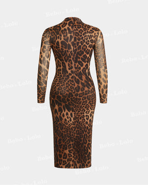 BeboNLolo animal print bodycon midi dress with long sleeves and high neckline – back  View