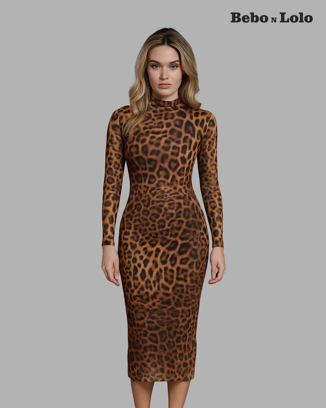 BeboNLolo animal print bodycon midi dress with long sleeves and high neckline – Front View