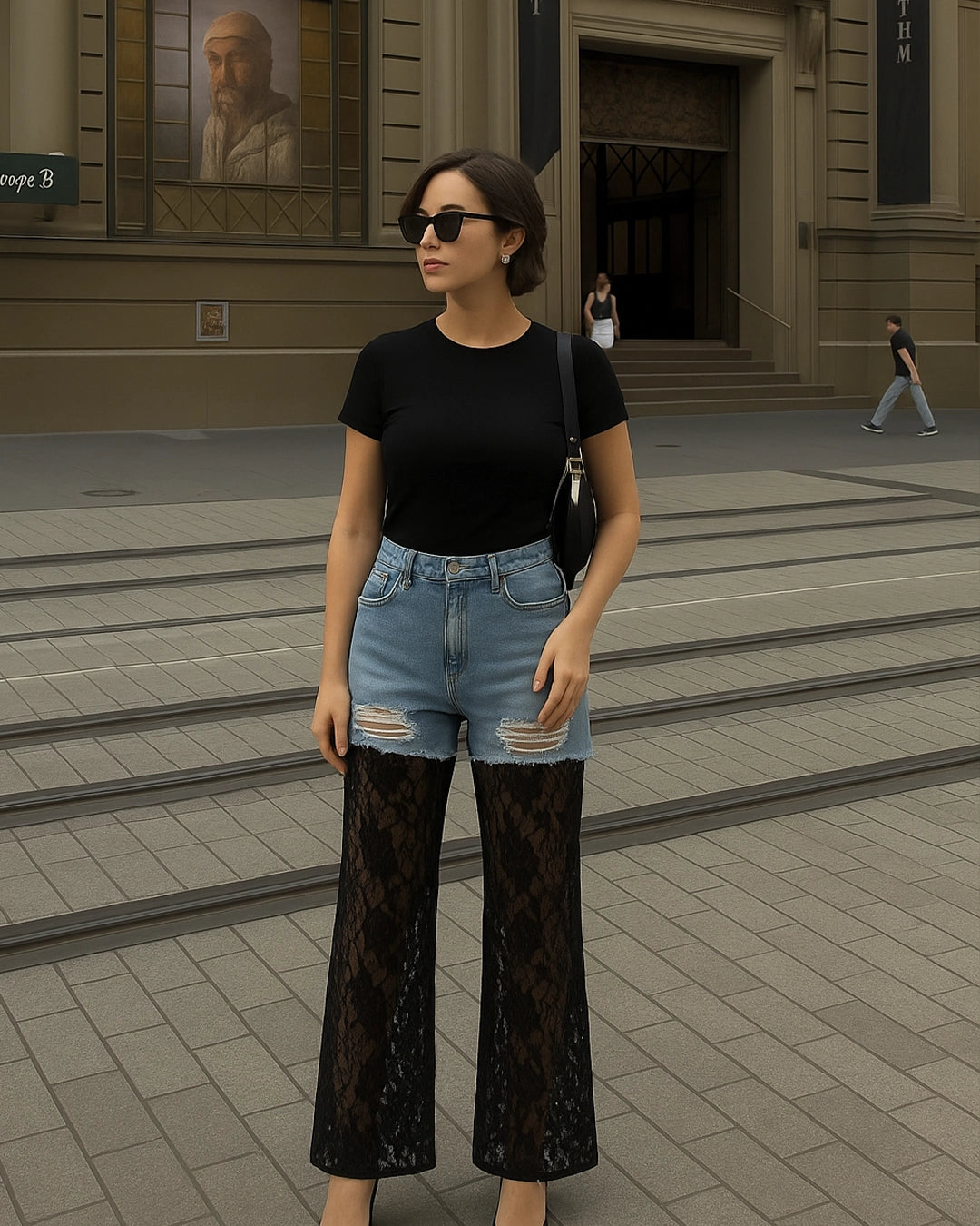Woman in black top and denim shorts standing on a city street with a building in the background