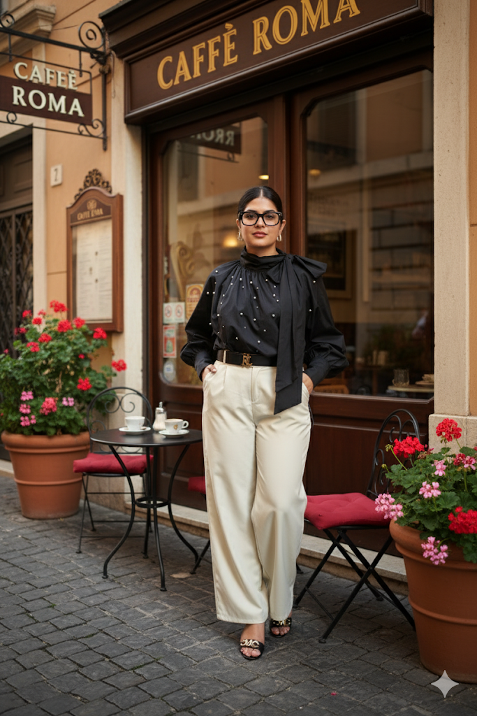 Woman standing in front of Caffè Roma with a stylish outfit