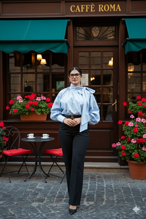 Woman standing in front of a Caffè Roma cafe with flowers and tables.