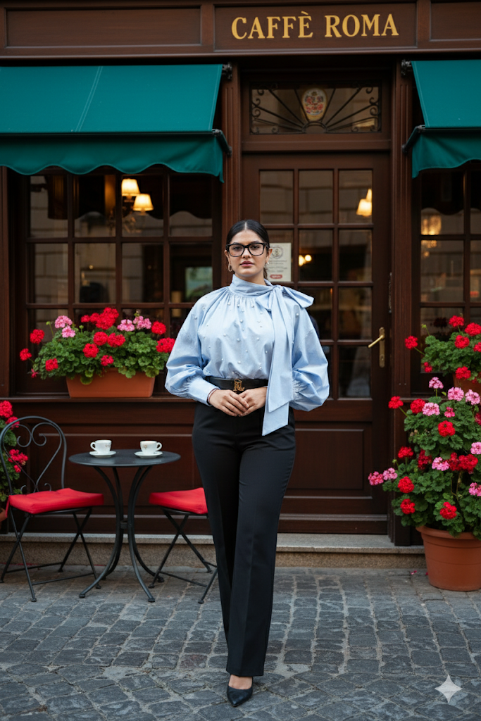 Woman standing in front of a Caffè Roma cafe with flowers and tables.
