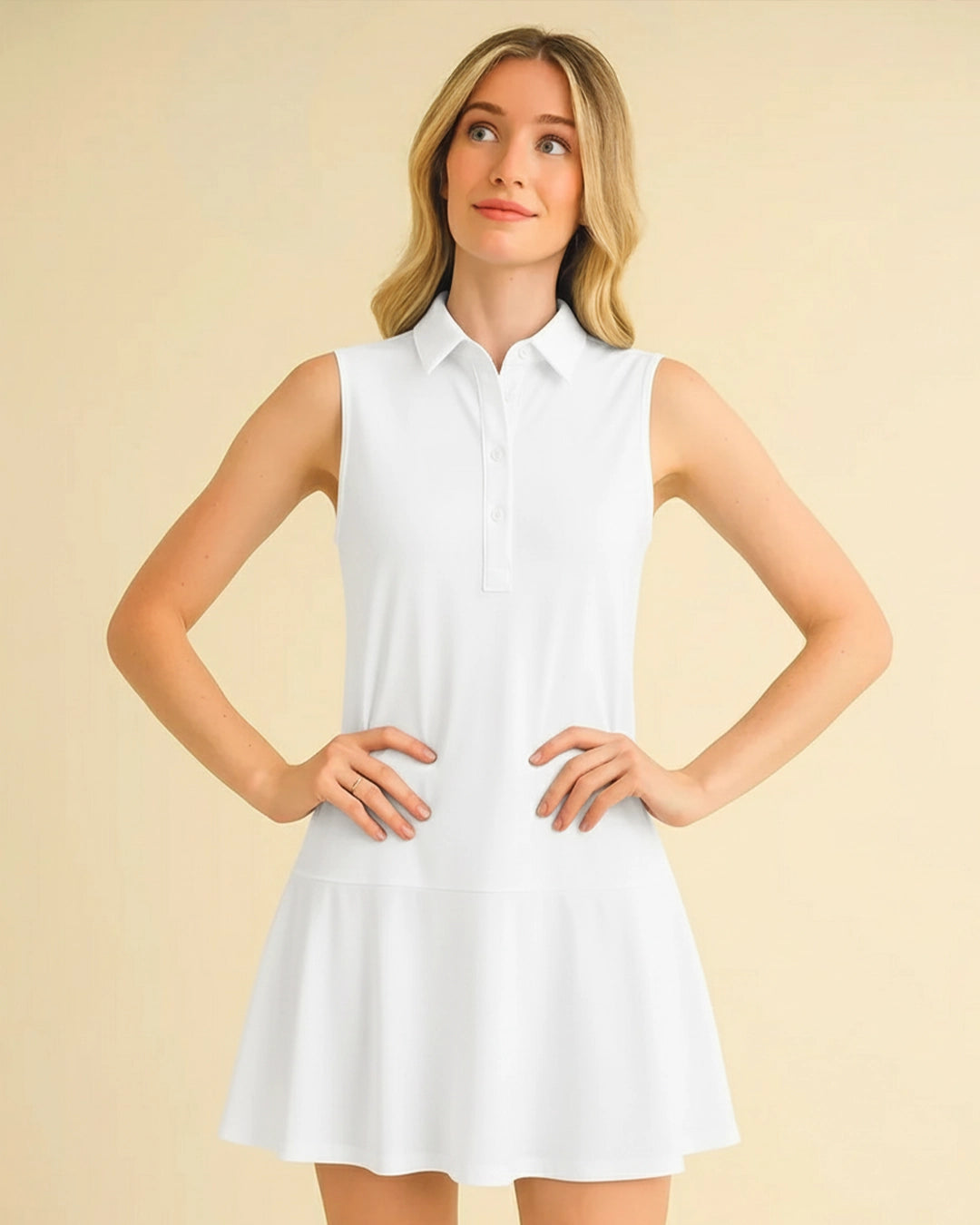Woman wearing a white sleeveless dress against a beige background