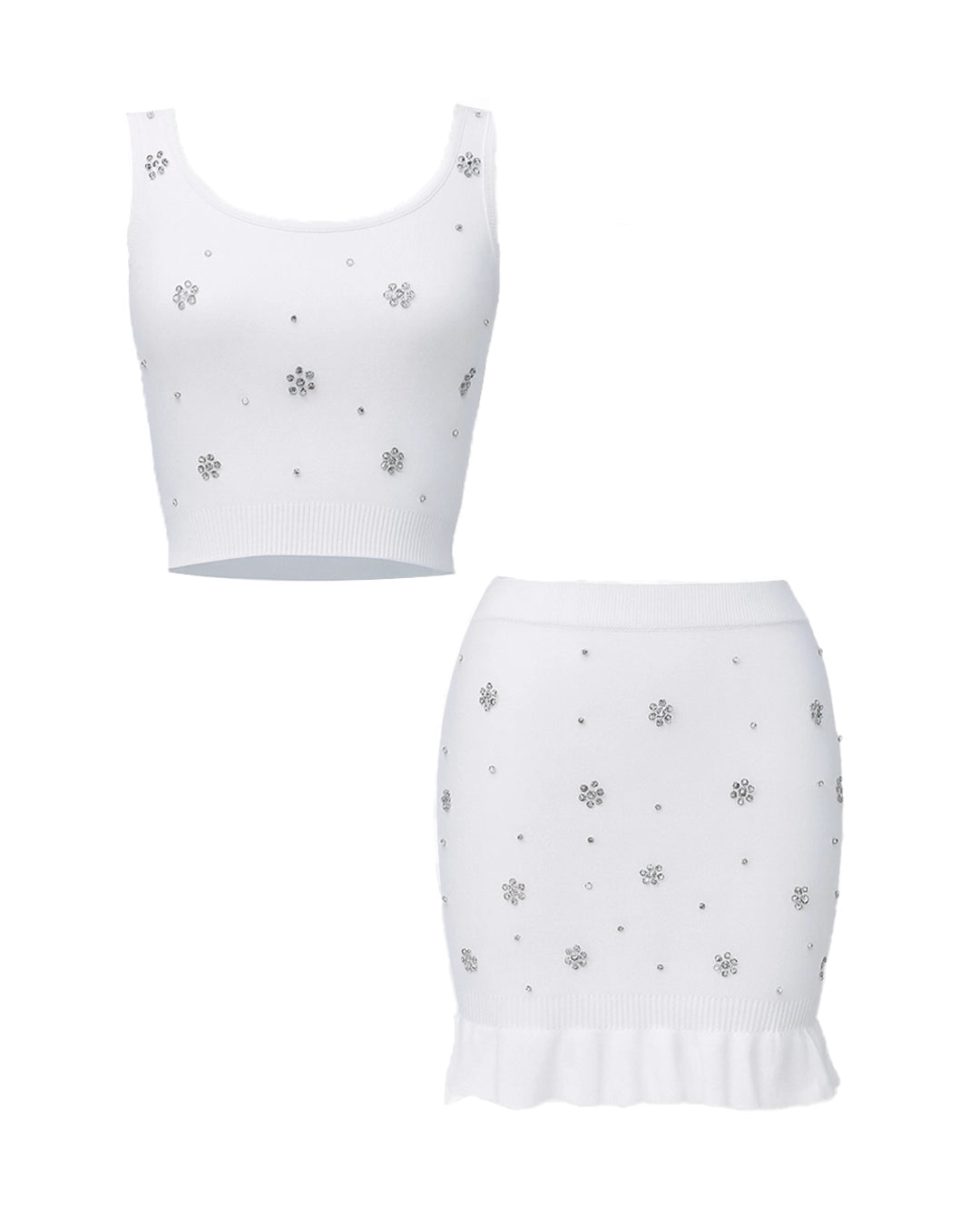 White crop top and skirt set with small floral patterns on a white background