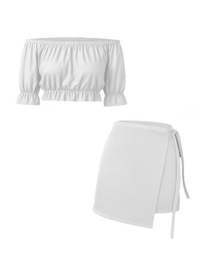 White off-shoulder top and skirt set on a white background
