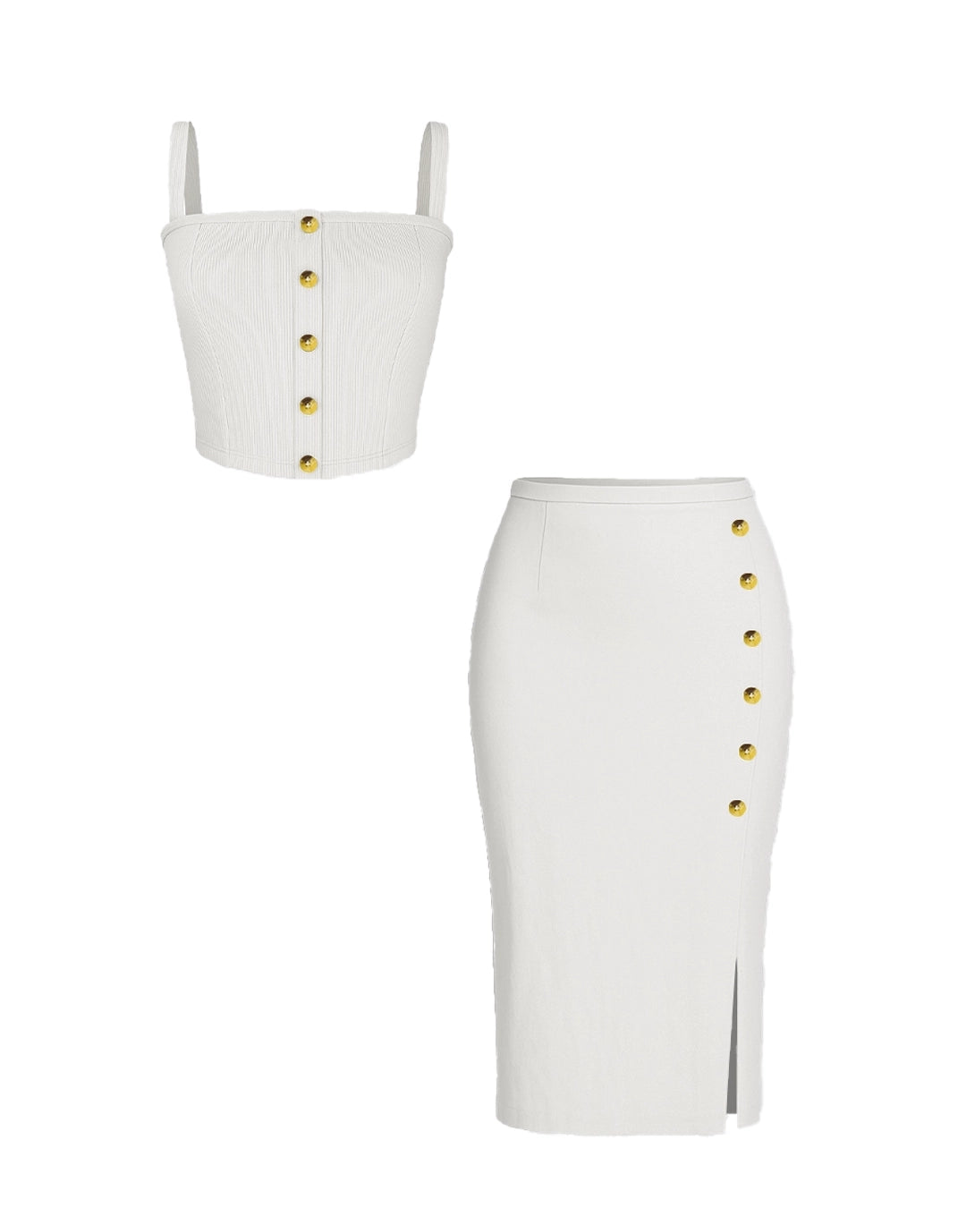White crop top and pencil skirt set with gold buttons on a white background