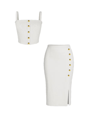 White crop top and pencil skirt set with gold buttons on a white background
