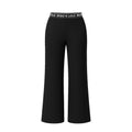 Black wide-leg pants with a brand logo on the waistband against a white background