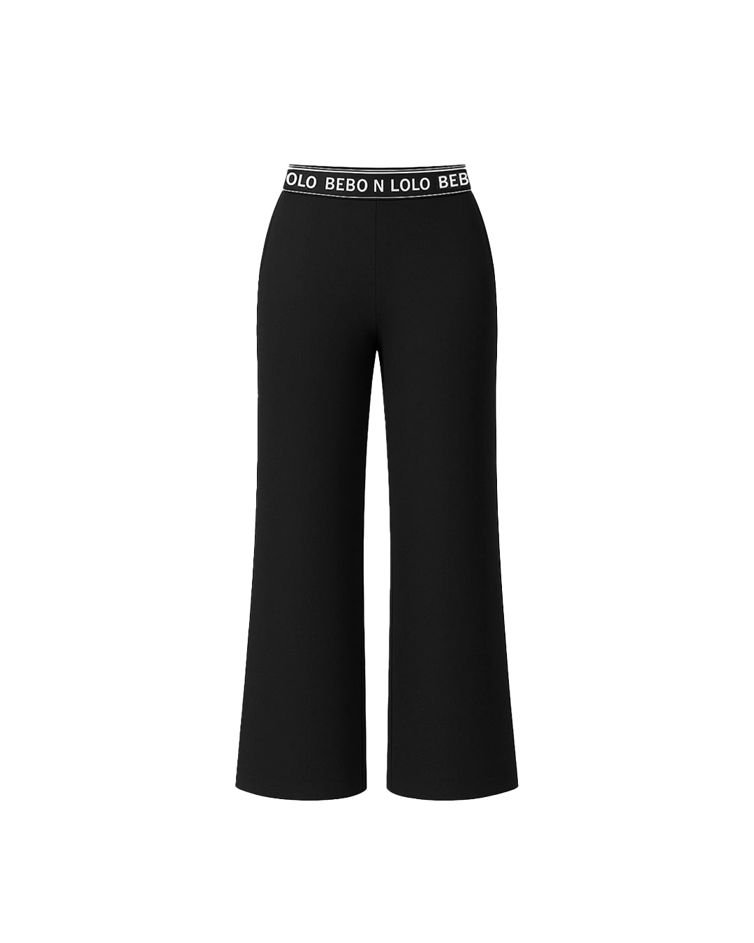 Black wide-leg pants with a brand logo on the waistband against a white background