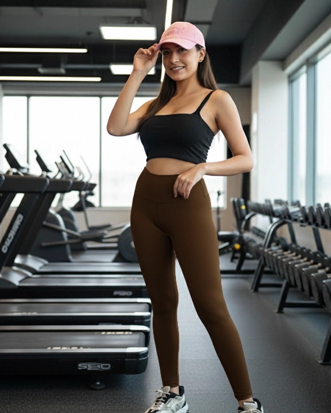 Woman in black sports bra and brown leggings posing in a gym.